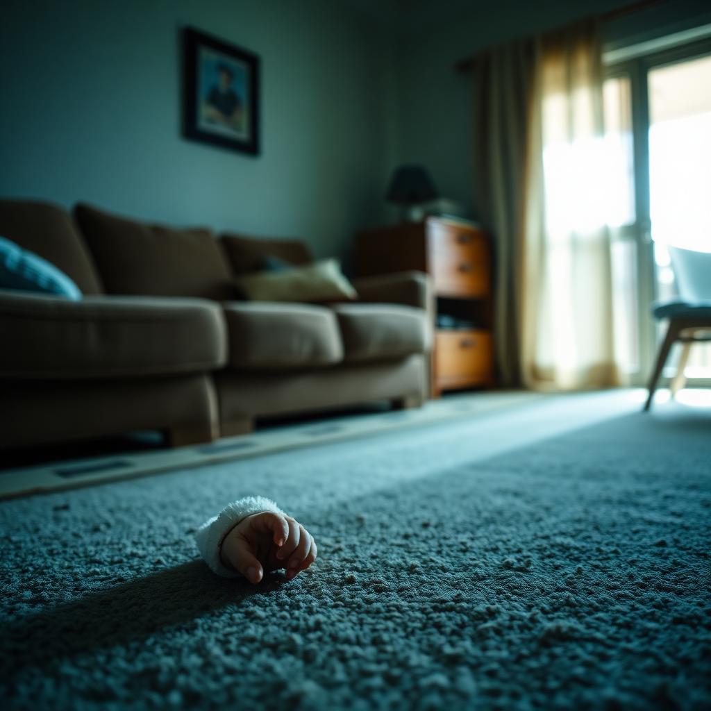 Quiet suburban living room — meth residue settles into carpets and soft furnishings where children spend the most time.