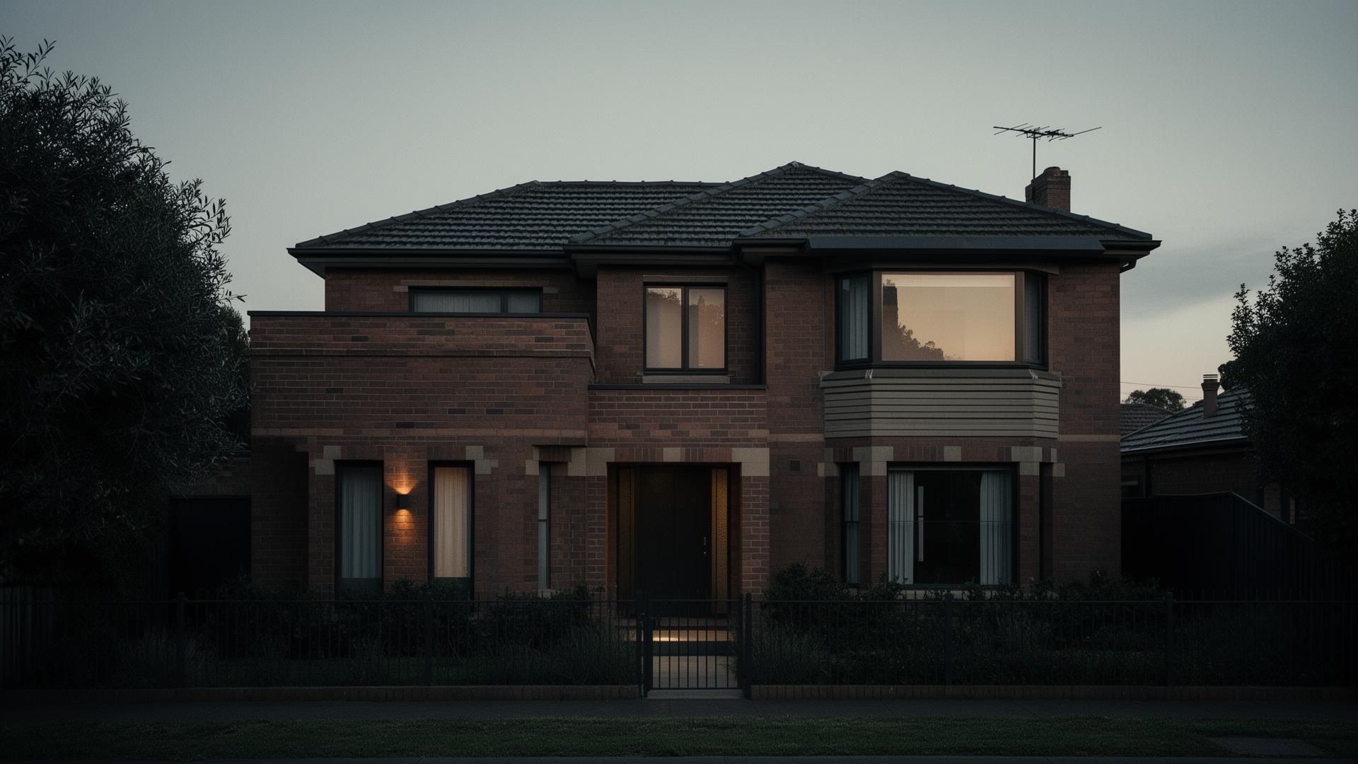 A suburban Melbourne brick home photographed at dusk, soft window light from inside.